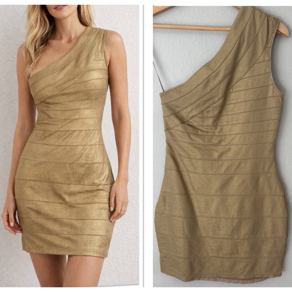 Express Metallic Gold One Shoulder Bandage Dress Mini Bodycon Cocktail Club XS‎